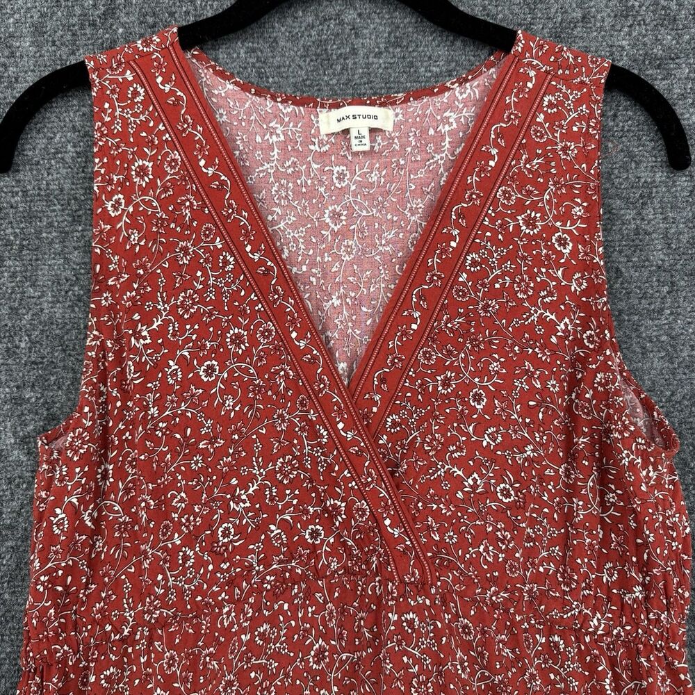 Max Studio Floral Maxi Dress Red Boho Tiered Sleeveless V-Neck Cottagecore Large - Picture 3 of 11